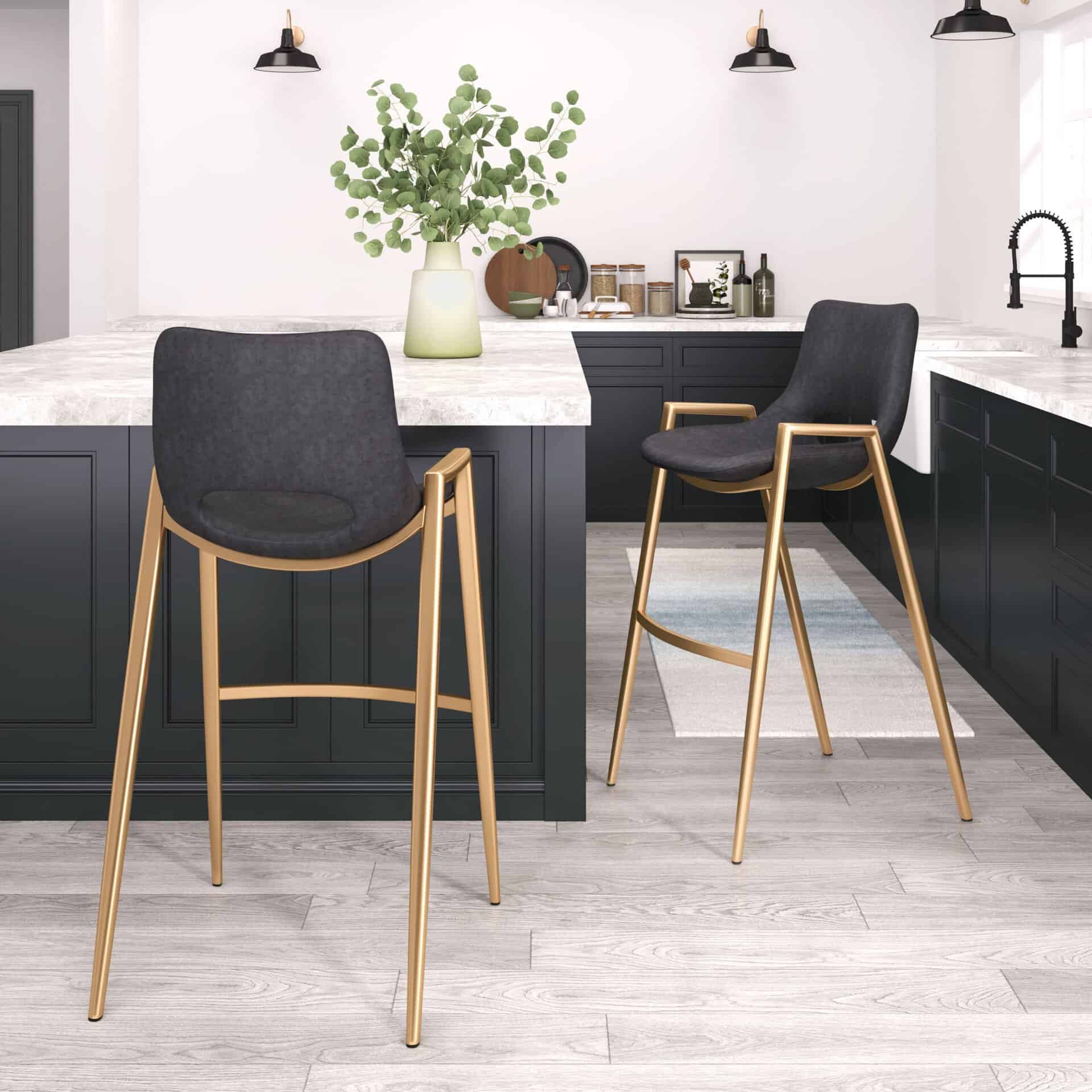Mid-Century Modern Black and Gold Barstools with Footrest (Set of 2)
