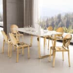 White Faux Marble Dining Table with Gold Geometric Base