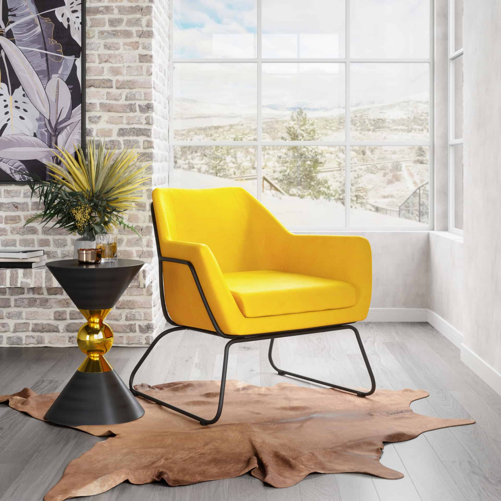 Yellow Velvet Accent Chair with Powder Coated Steel Legs 1 Yellow Velvet Accent Chair with Powder Coated Steel Legs