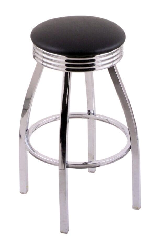 Classic Series 25-Inch Steel Backless Counter Stool with Chrome Finish, Black Vinyl 2.5-Inch Cushion Seat, and Single-Ring Base with 2.75-Inch Chrome Ribbed Ring