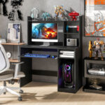 Space-Saving Computer Desk with Shelves, Keyboard Tray, and Stand