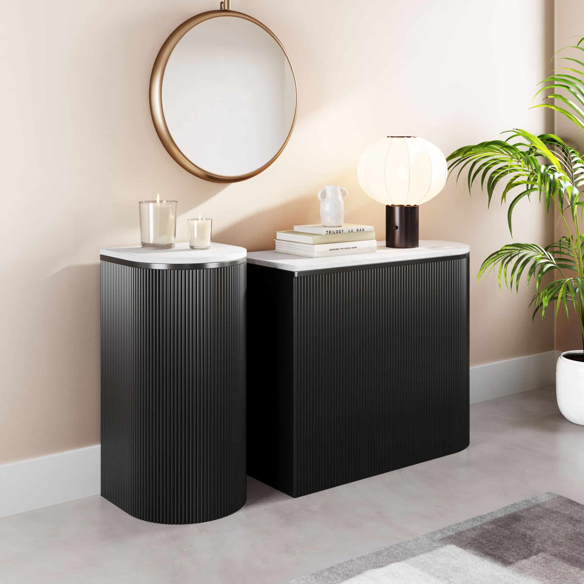 Modern White Marble Console Table with Black Wood Base (Set of 2) 1 Modern White Marble Console Table with Black Wood Base (Set of 2)