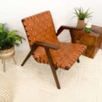Tan Leather Mid-Century Modern Lounge Chair with Walnut Legs and Round Arms