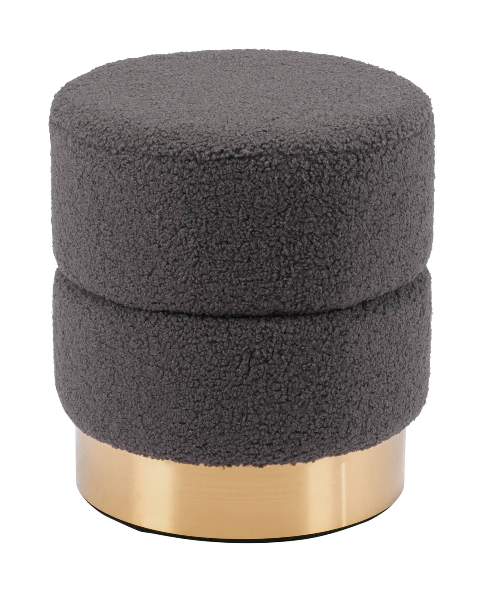 Dark Gray Shearling Ottoman with Stainless Steel Base Ring 2 Dark Gray Shearling Ottoman with Stainless Steel Base Ring - Image 2