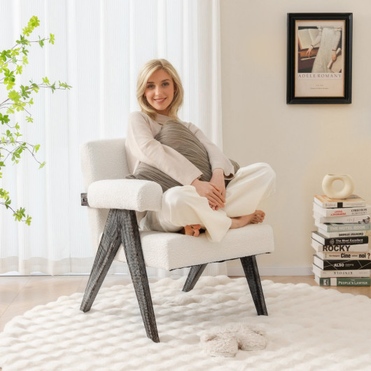Sherpa Upholstered Accent Chair with Rubber Wood Legs White 2 Sherpa Upholstered Accent Chair with Rubber Wood Legs White - Image 2