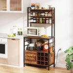 Rustic Coffee Bar Cabinet with Power Outlet and Wine Storage