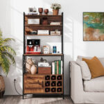 Rustic Coffee Bar Cabinet with Power Outlet and Wine Storage