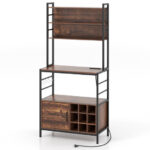Rustic Coffee Bar Cabinet with Power Outlet and Wine Storage