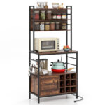 Rustic Coffee Bar Cabinet with Power Outlet and Wine Storage