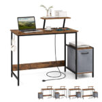 Rustic Brown Computer Desk with Charging Ports and Fabric Drawer 11 Rustic Brown Computer Desk with Charging Ports and Fabric Drawer