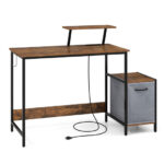 Rustic Brown Computer Desk with Charging Ports and Fabric Drawer 10 Rustic Brown Computer Desk with Charging Ports and Fabric Drawer