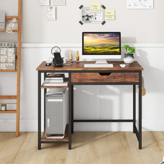 Rustic Brown Computer Desk with Charging Station and Storage Drawer 2 Rustic Brown Computer Desk with Charging Station and Storage Drawer - Image 2