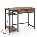 Rustic Brown Computer Desk with Charging Station and Storage Drawer 10 Rustic Brown Computer Desk with Charging Station and Storage Drawer