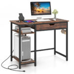 Rustic Brown Computer Desk with Charging Station and Storage Drawer 11 Rustic Brown Computer Desk with Charging Station and Storage Drawer