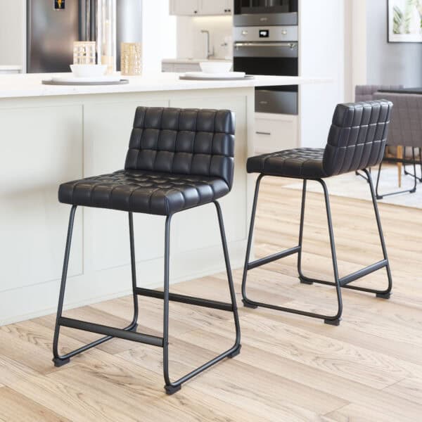 Black Vinyl Tufted Counter Stool with Steel Frame (Set of 2)