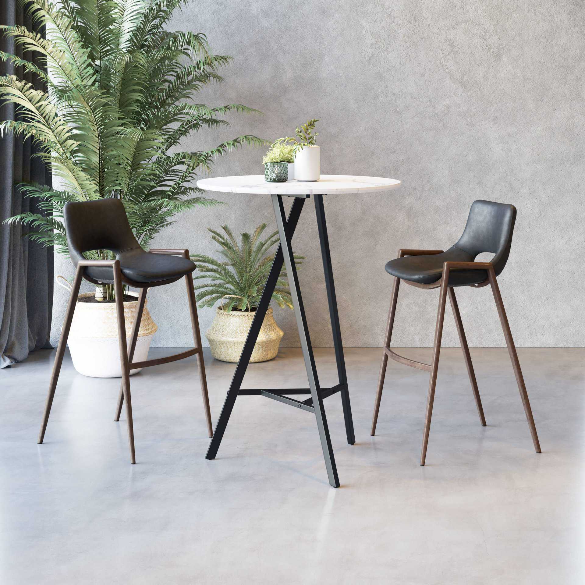 Mid Century Modern Black & Walnut Barstool with Footrest (Set of 2)