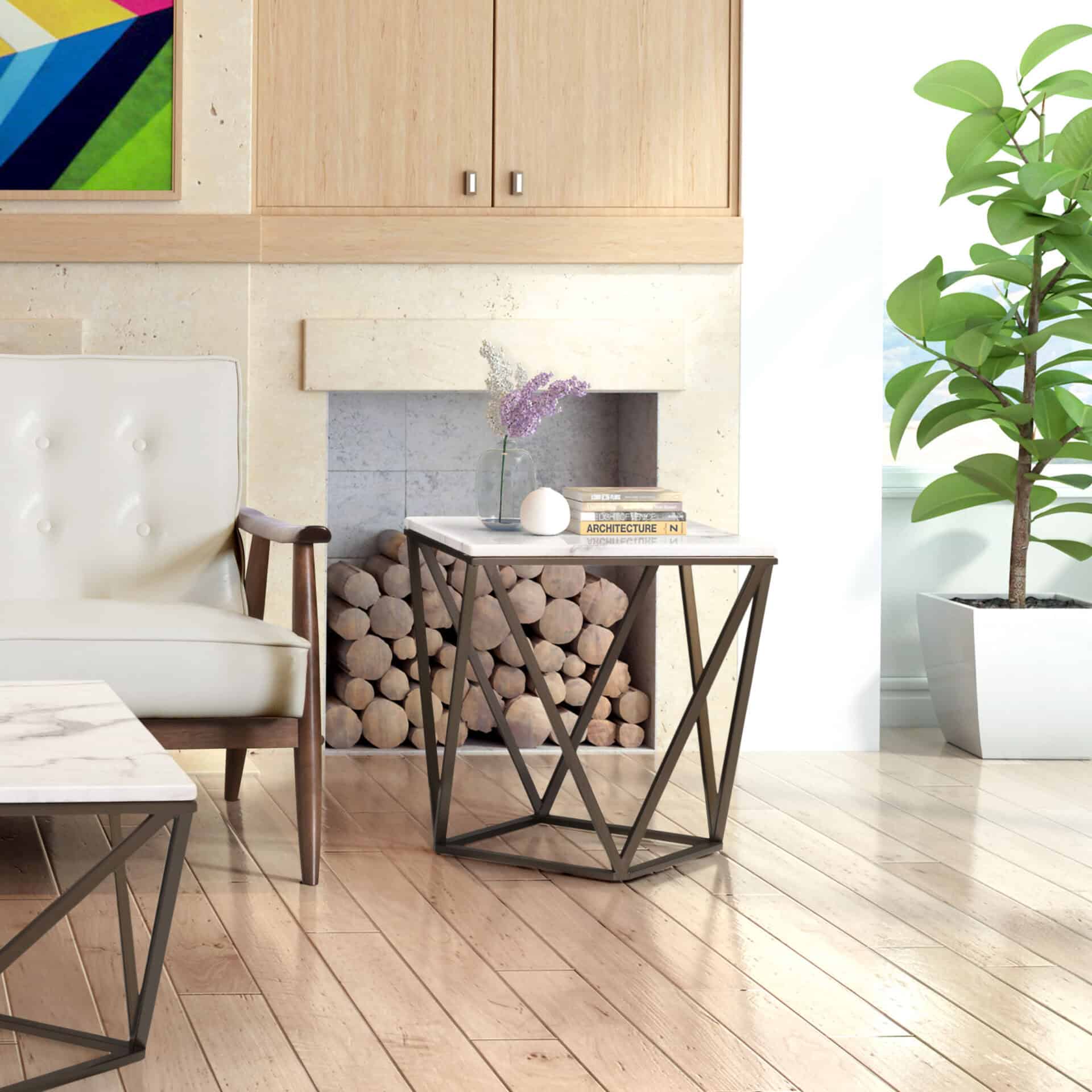 Modern Square End Table with Marble-Like Top and Bronze Base 1 Modern Square End Table with Marble-Like Top and Bronze Base
