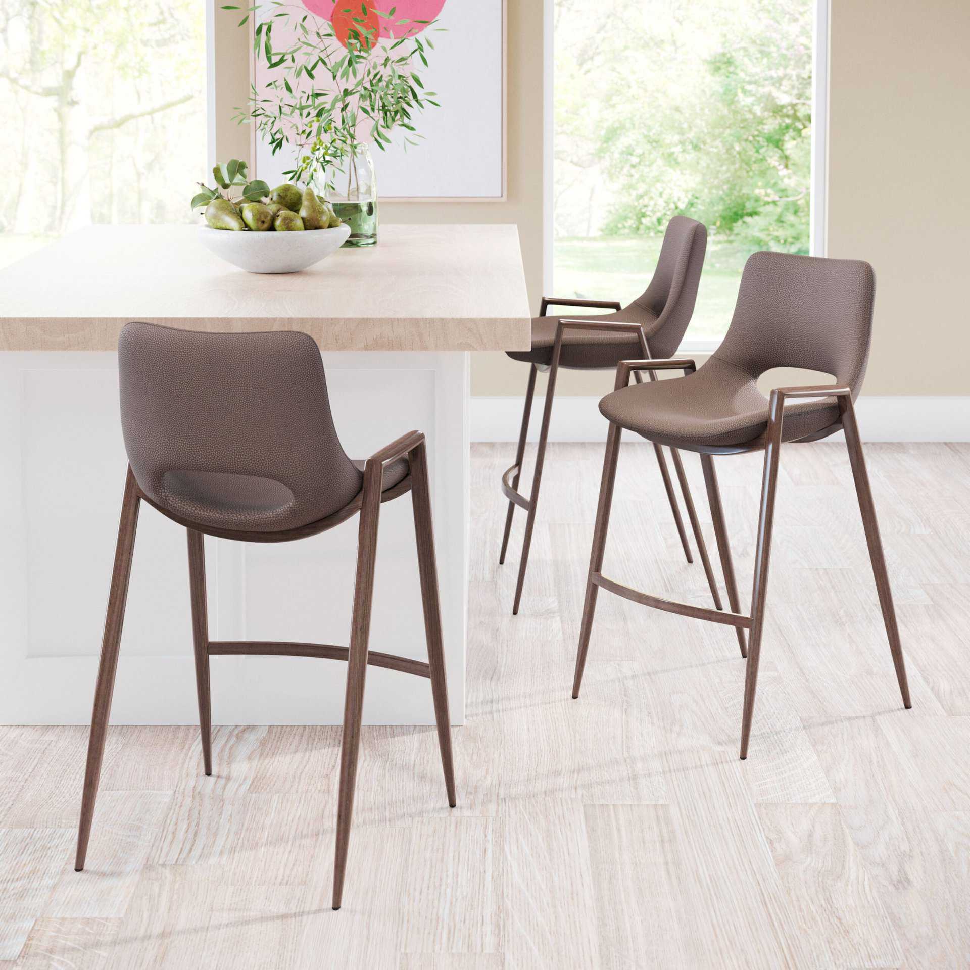 Mid-Century Modern Counter Stool Brown with Walnut Legs (Set of 2)