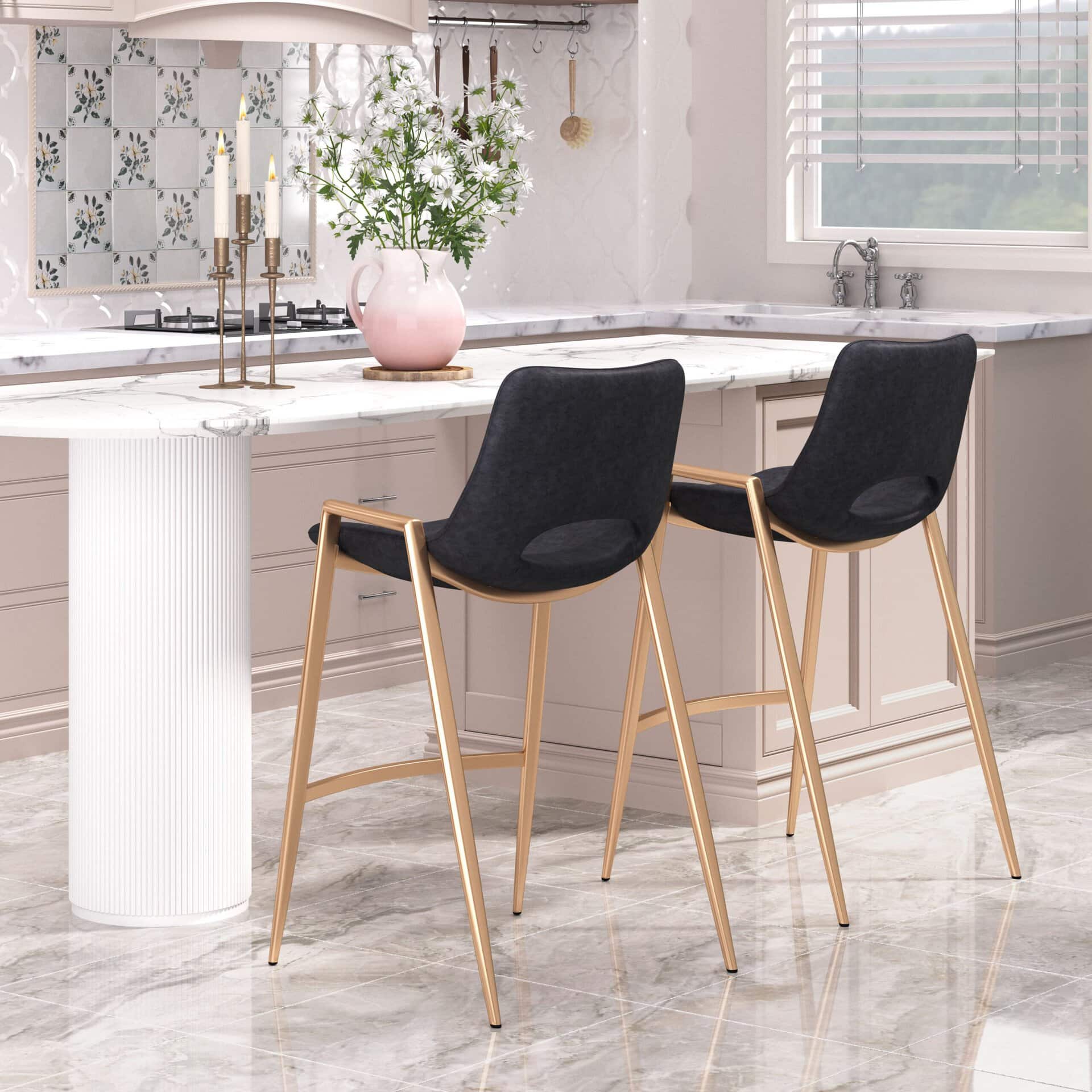 Black and Gold Mid-Century Modern Counter Stool with Armrests (Set of 2)