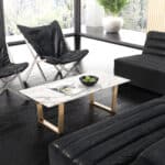White Faux Marble Coffee Table with Gold Geometric Base