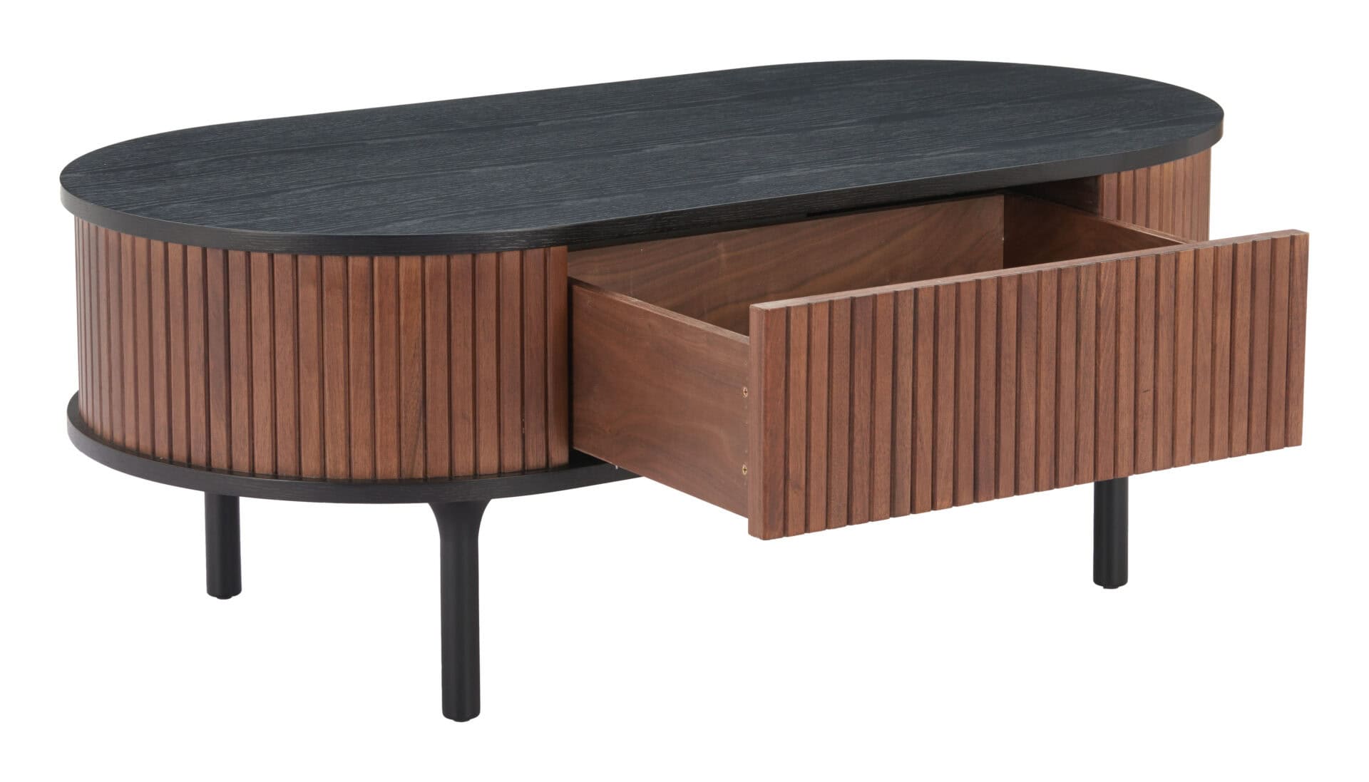 Black & Walnut Coffee Table with Storage Drawer and Oval Top 6 Black & Walnut Coffee Table with Storage Drawer and Oval Top - Image 6