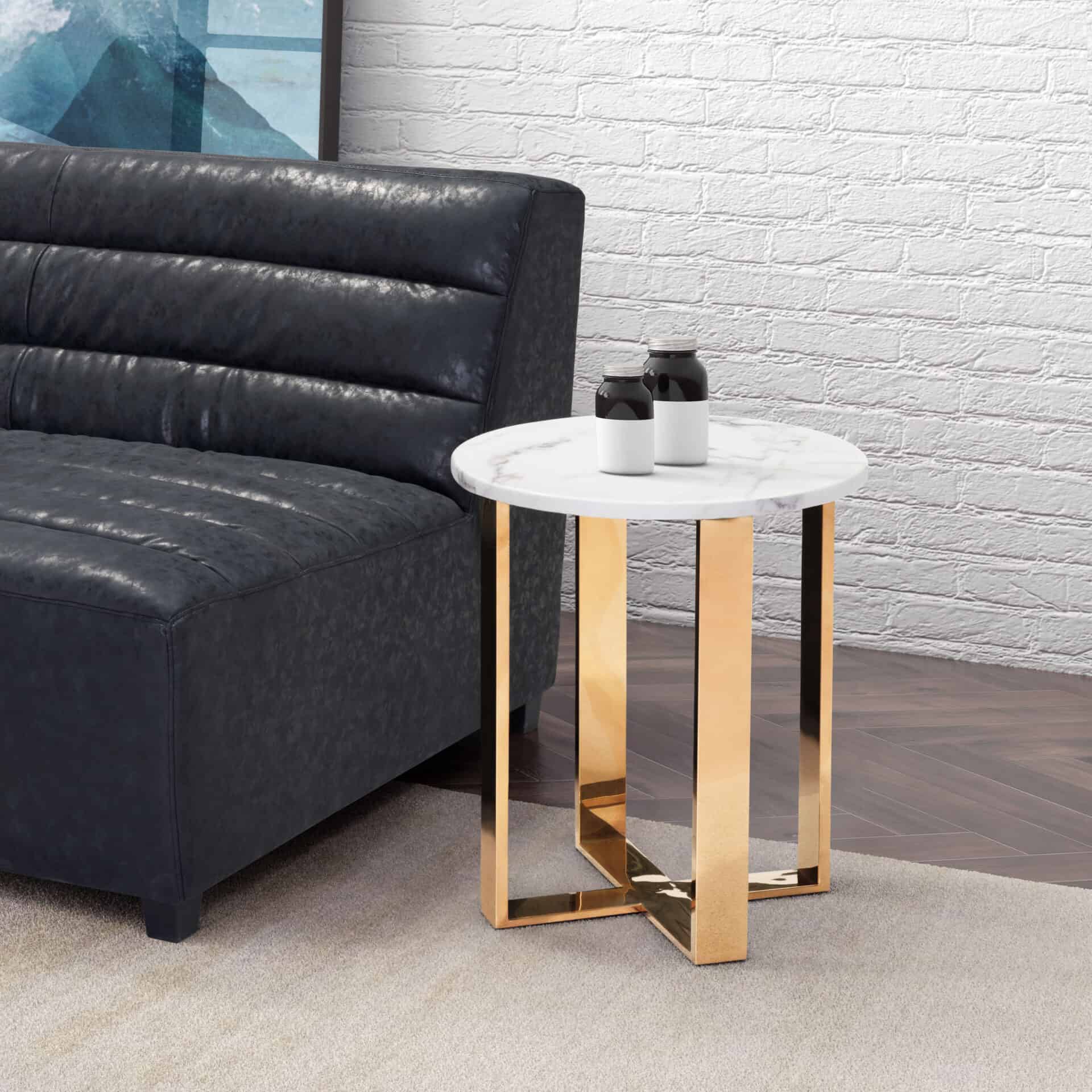 Elegant White Faux Marble End Table with Gold Cross Base 1 Elegant White Faux Marble End Table with Gold Cross Base