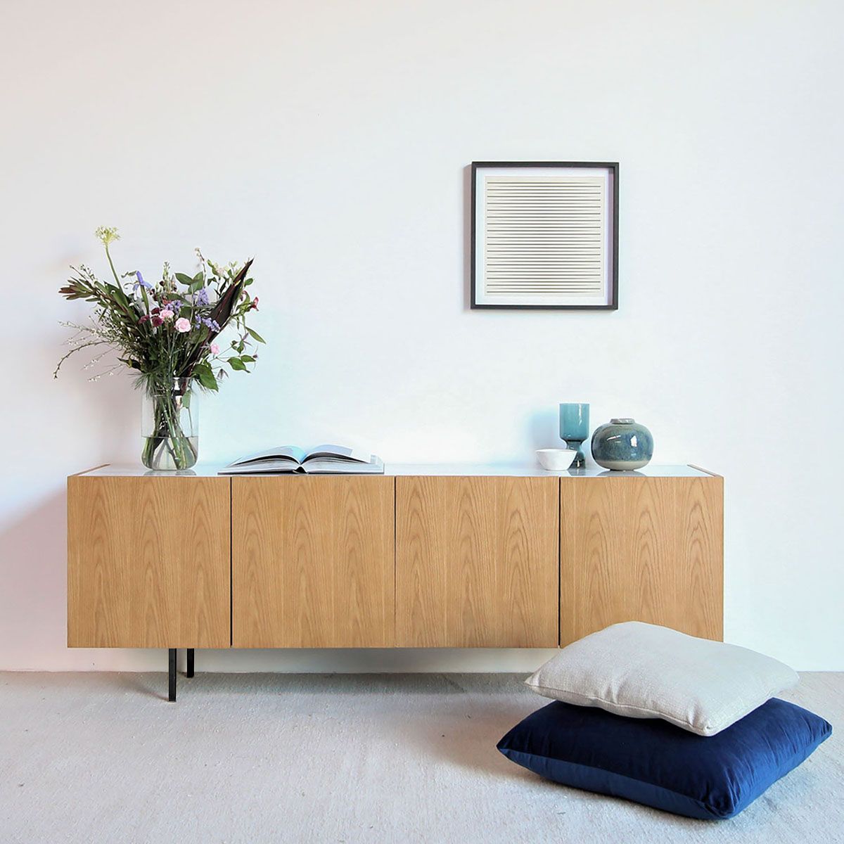 calvin white oak buffet with white marble top