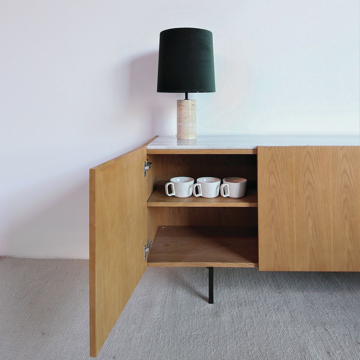 calvin white oak buffet with white marble top