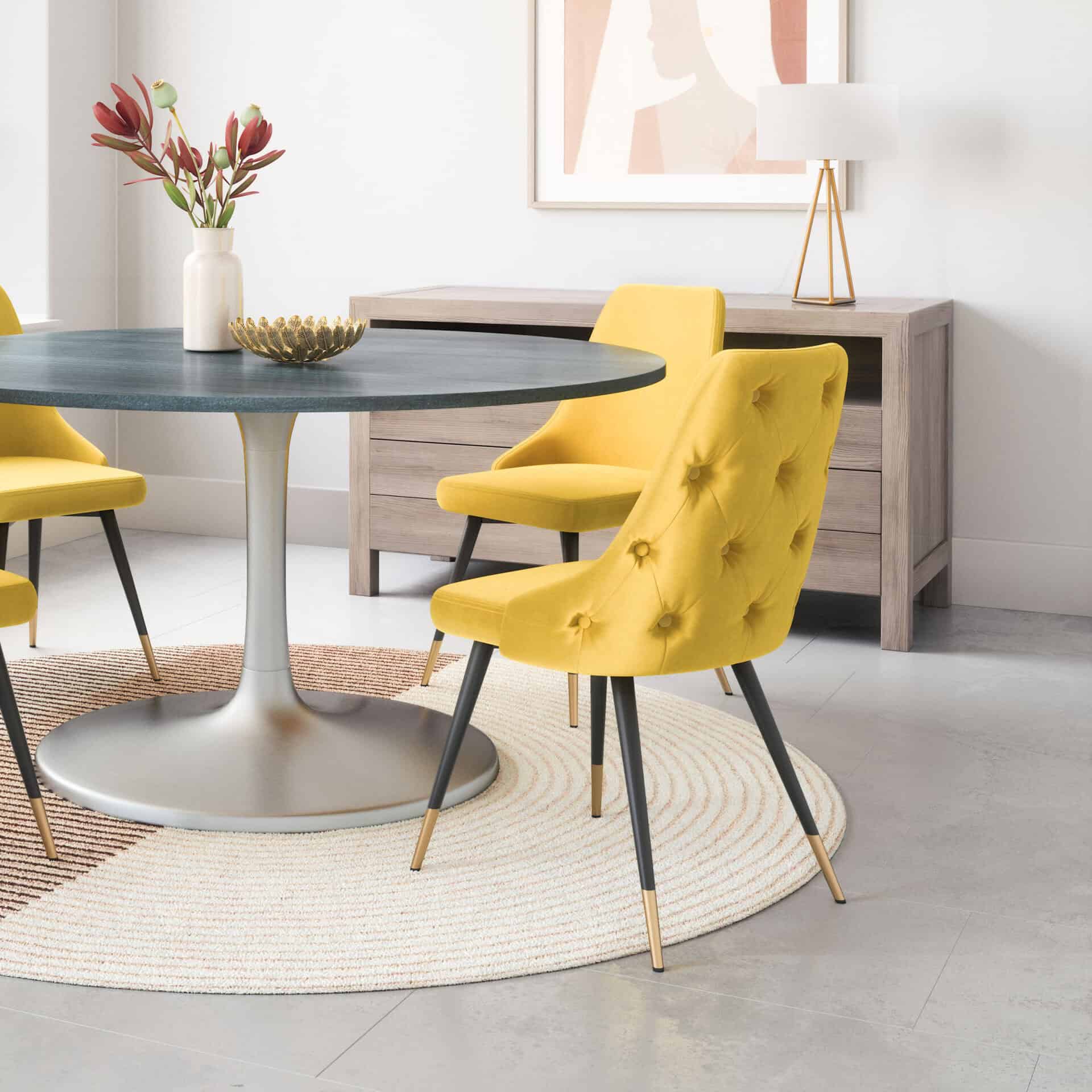 Yellow Velvet Tufted Side Chair with Brass Legs (Set of 2) 1 Yellow Velvet Tufted Side Chair with Brass Legs (Set of 2)