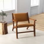 Tan Leather Mid-Century Modern Lounge Chair With Walnut Legs and Square Arms 9 Tan Leather Mid-Century Modern Lounge Chair With Walnut Legs and Square Arms