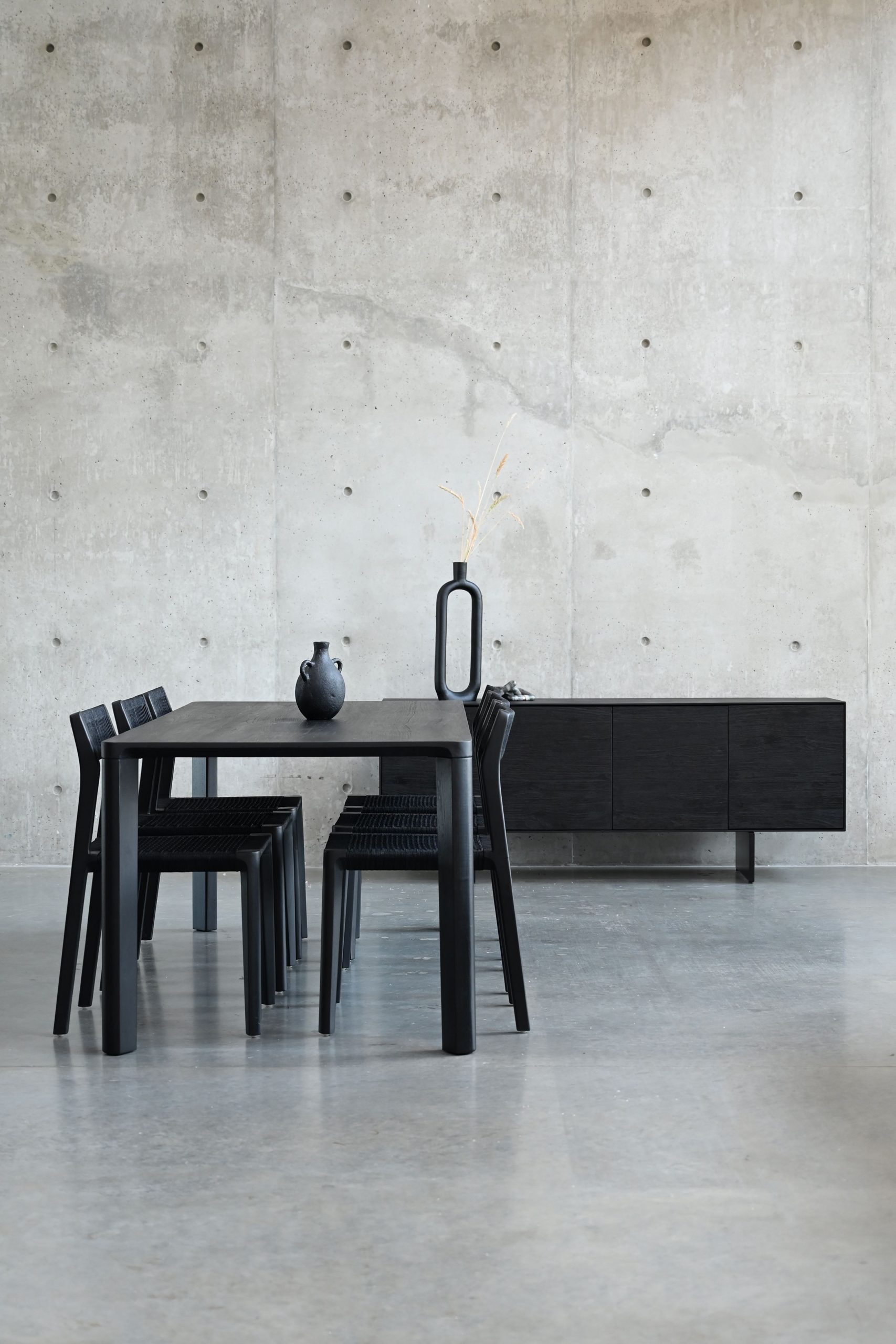 plank black soot solid teak dining table