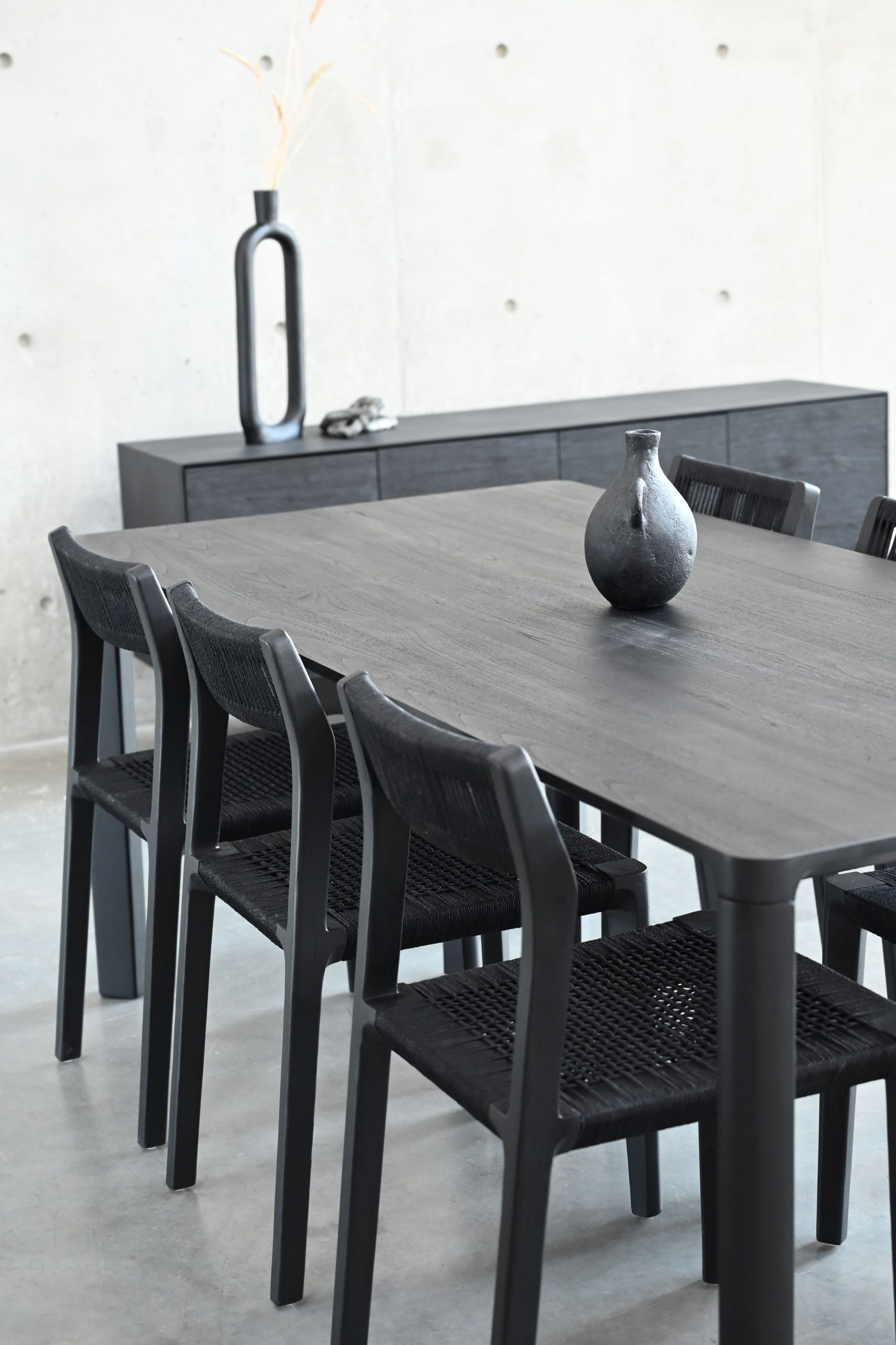 plank black soot solid teak dining table