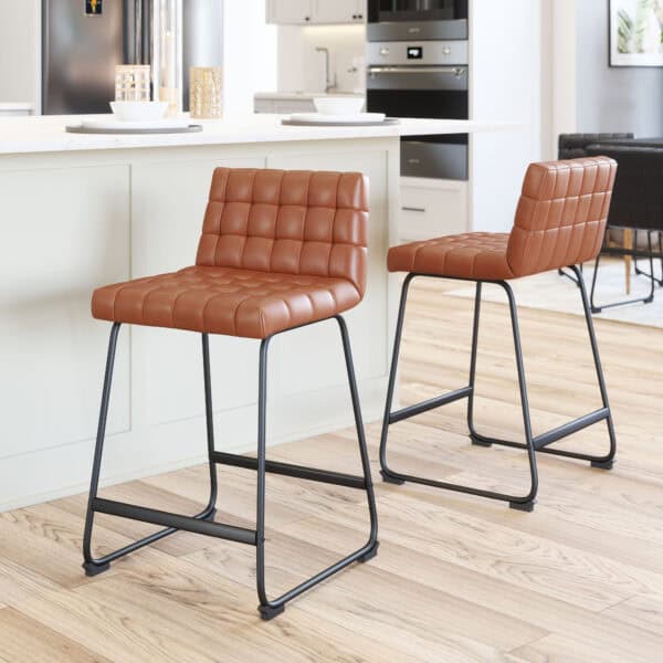 Brown Vinyl Tufted Counter Stool with Steel Frame (Set of 2)