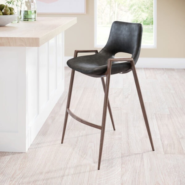 Mid-Century Modern Black and Walnut Counter Stool with Footrest (Set of 2)