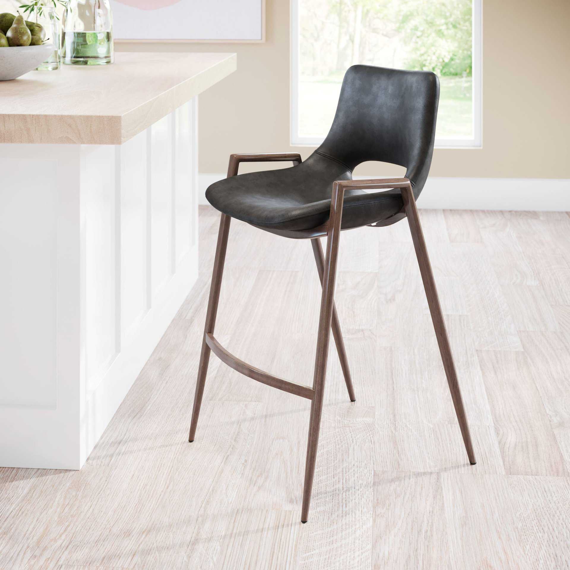 Mid-Century Modern Black and Walnut Counter Stool with Footrest (Set of 2)