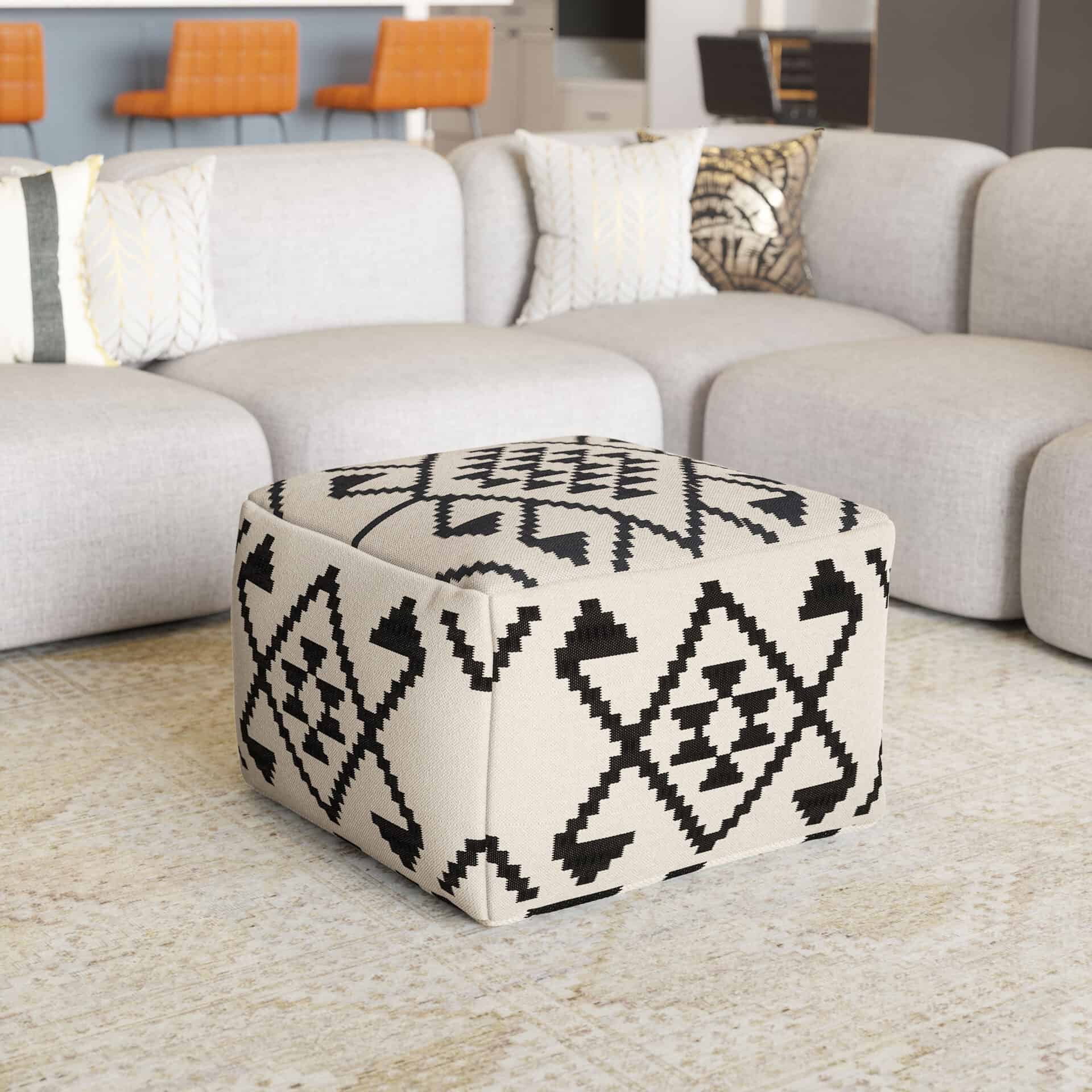 Boho Woven Cotton Ottoman with Rubber Feet Beige and Black 1 Boho Woven Cotton Ottoman with Rubber Feet Beige and Black