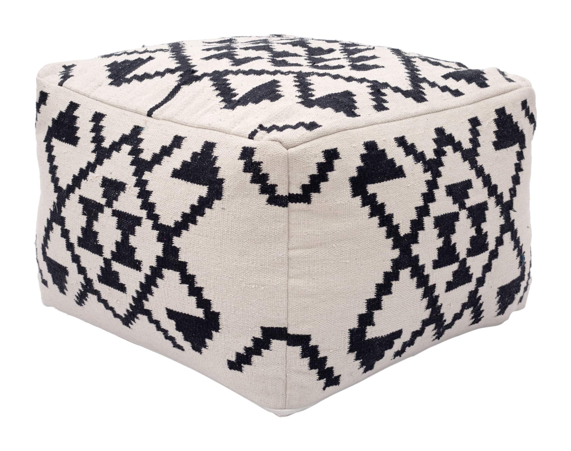 Boho Woven Cotton Ottoman with Rubber Feet Beige and Black 4 Boho Woven Cotton Ottoman with Rubber Feet Beige and Black - Image 4