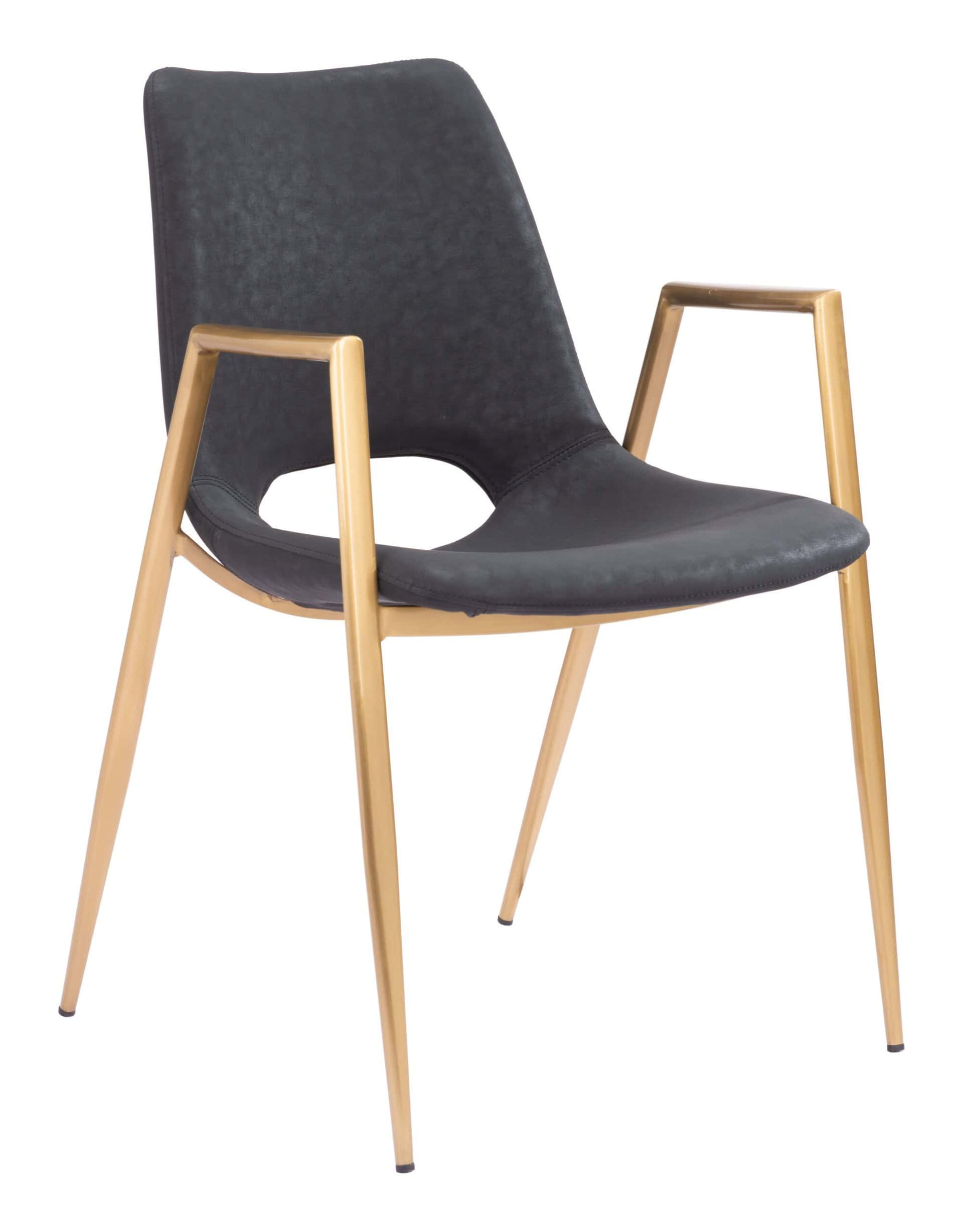 Black and Gold Mid-Century Modern Dining Chair with Faux Leather (Set of 2)