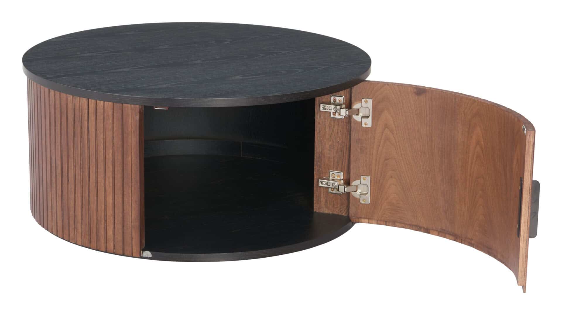 Round Black & Walnut Coffee Table with Storage and Elegant Wood Legs 6 Round Black & Walnut Coffee Table with Storage and Elegant Wood Legs - Image 6