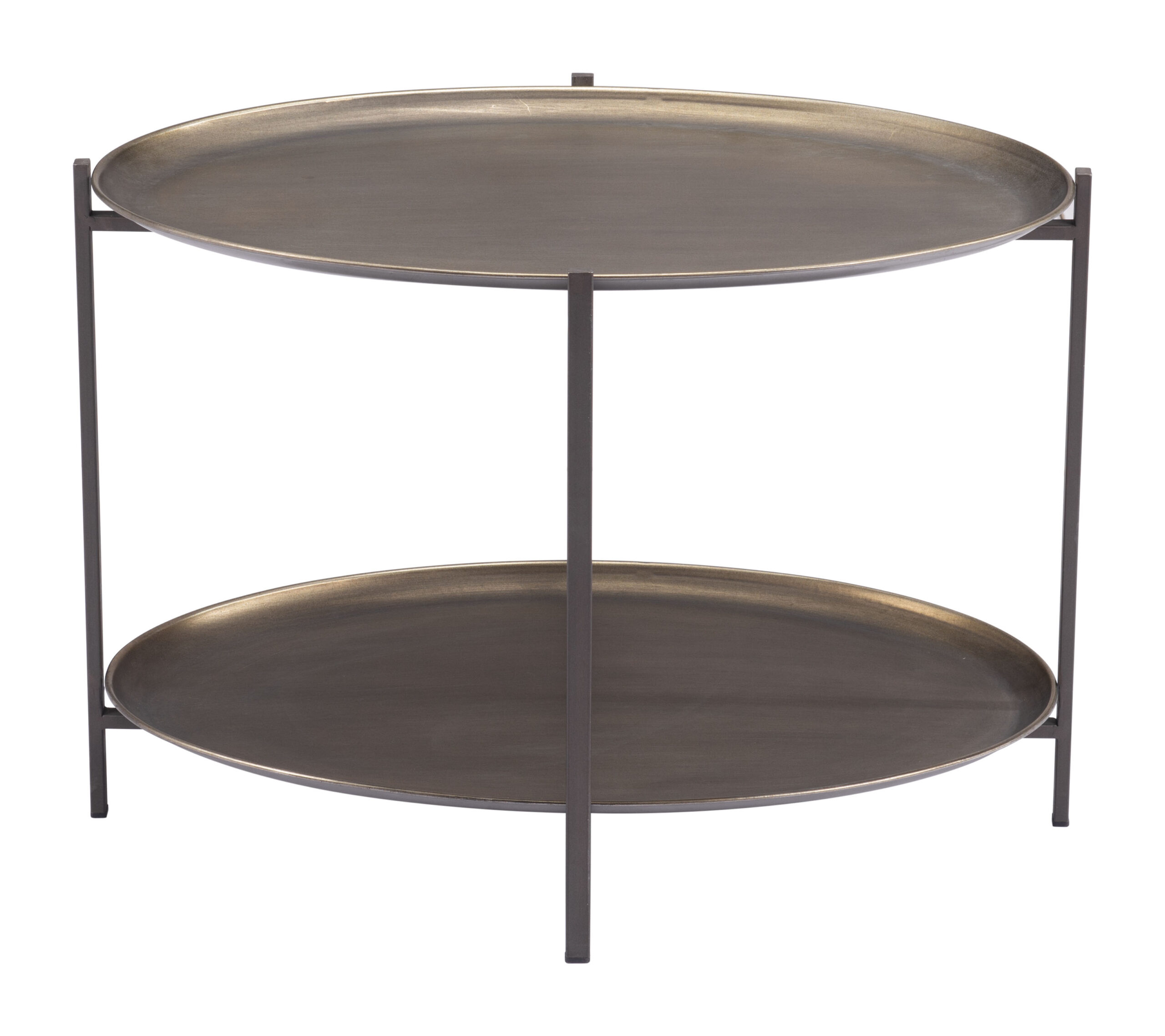 Round Industrial Coffee Table with 2-Tier Shelves, Bronze Finish 10 Round Industrial Coffee Table with 2-Tier Shelves, Bronze Finish