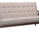 Modern Three-Seat Sofa with Tufted Cushions, Putty Fabric Finish