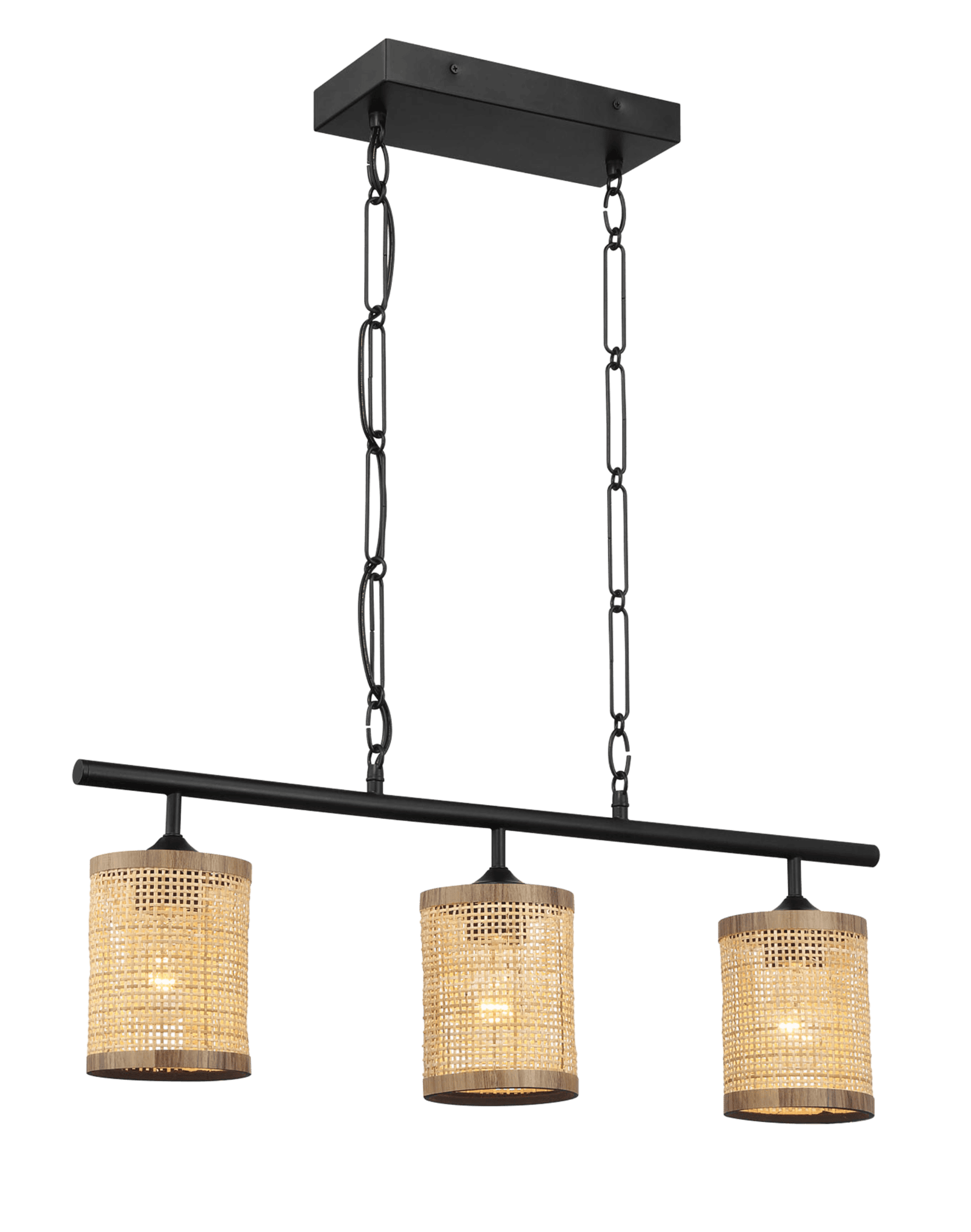 Black Metal and Rattan Farmhouse Three-Light Ceiling Lamp 2 Black Metal and Rattan Farmhouse Three-Light Ceiling Lamp - Image 2