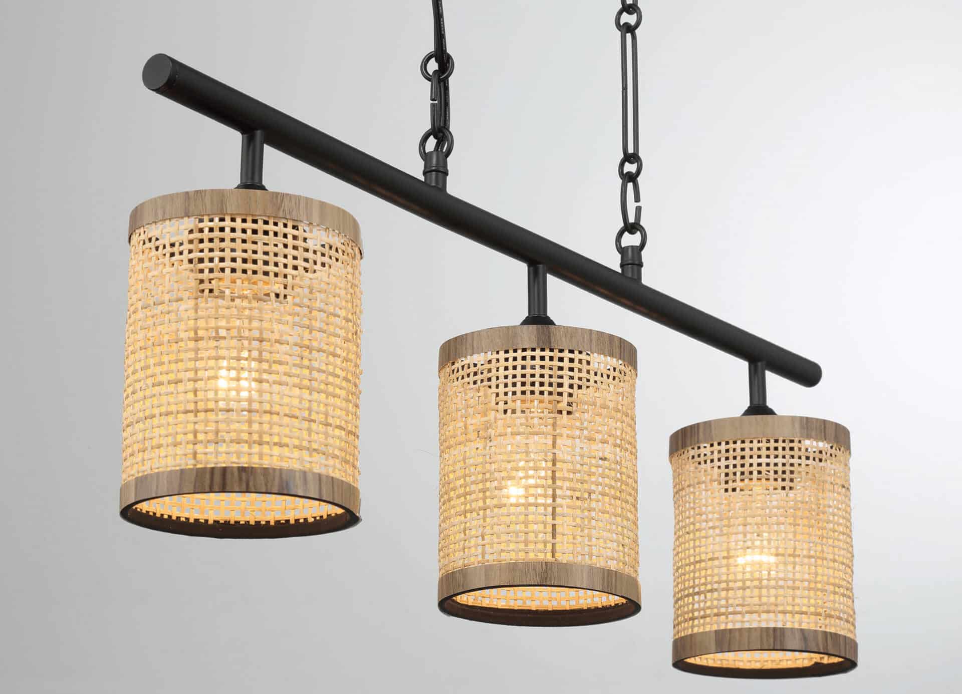 Black Metal and Rattan Farmhouse Three-Light Ceiling Lamp 3 Black Metal and Rattan Farmhouse Three-Light Ceiling Lamp - Image 3