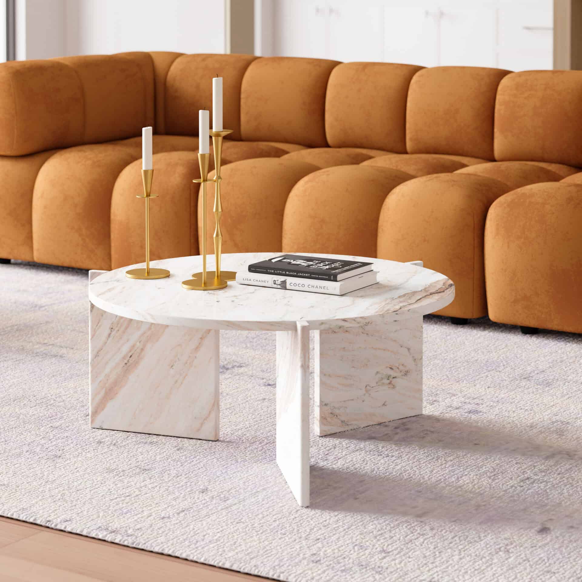 Round Coffee Table with Travertine-Style Marble Top and Steel Frame 1 Round Coffee Table with Travertine-Style Marble Top and Steel Frame