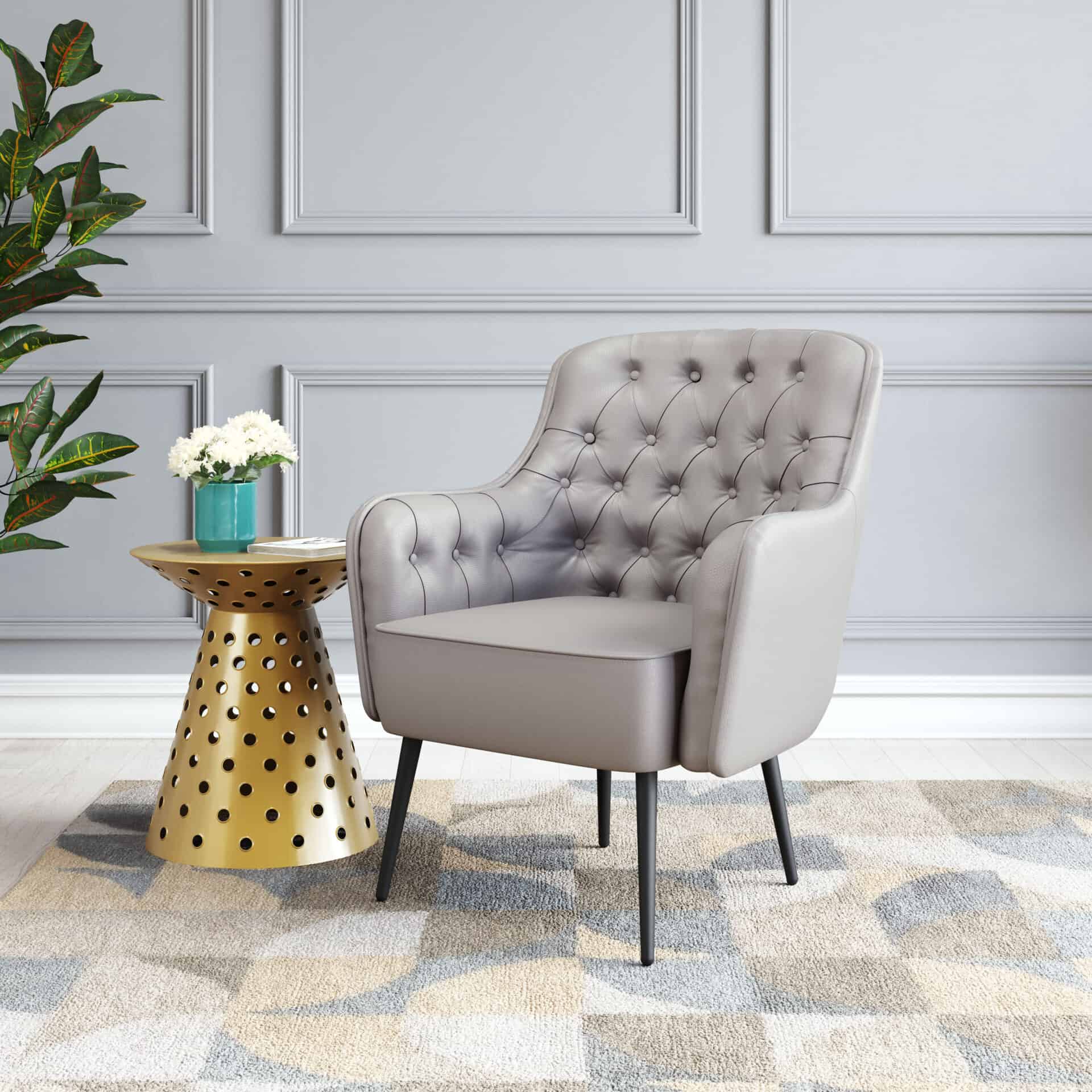 Gray Tufted Accent Chair with Faux Leather and Steel Legs 1 Gray Tufted Accent Chair with Faux Leather and Steel Legs