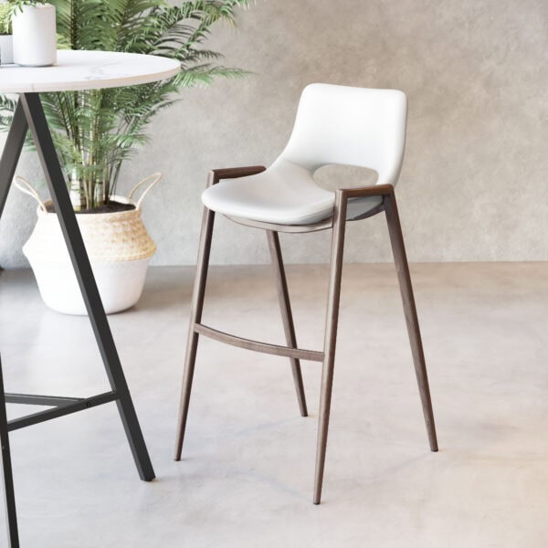 Mid-Century Modern Faux Leather Barstool with Walnut Legs (Set of 2)