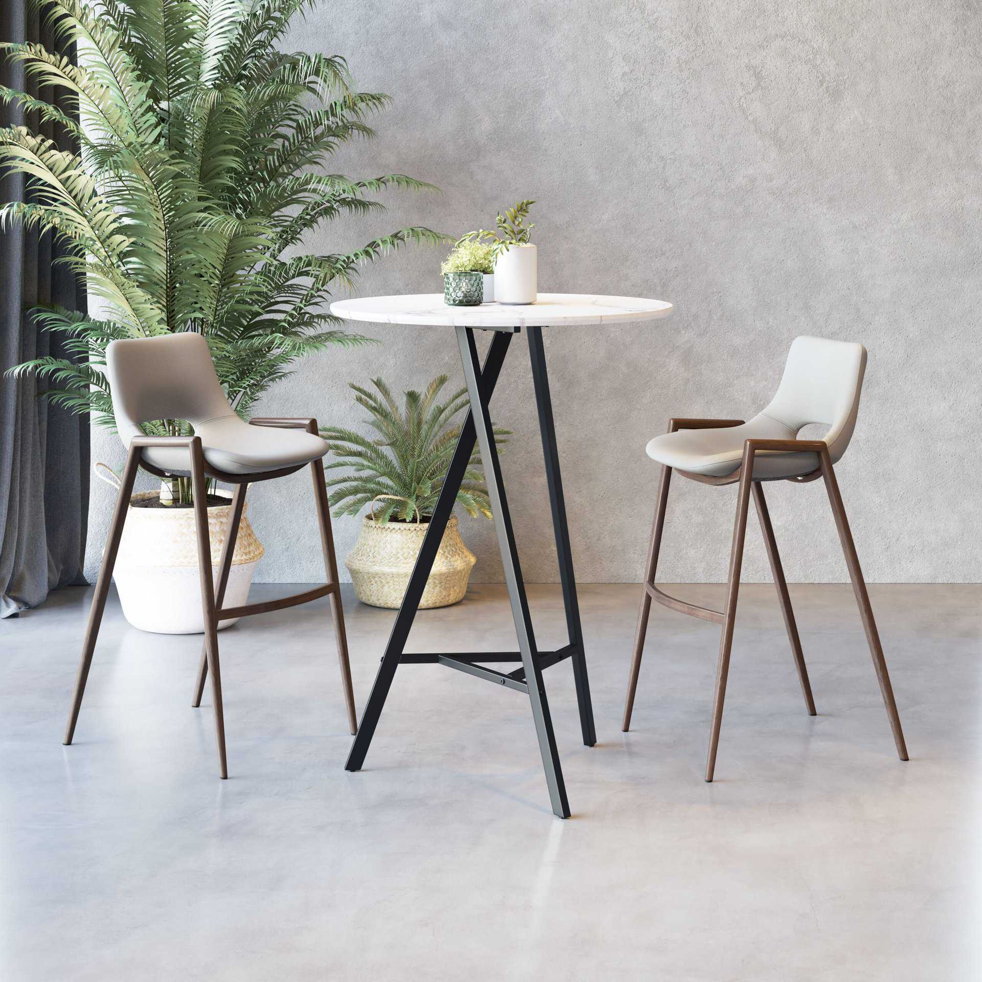 Mid-Century Modern Barstool with Faux Leather and Walnut Legs (Set of 2)