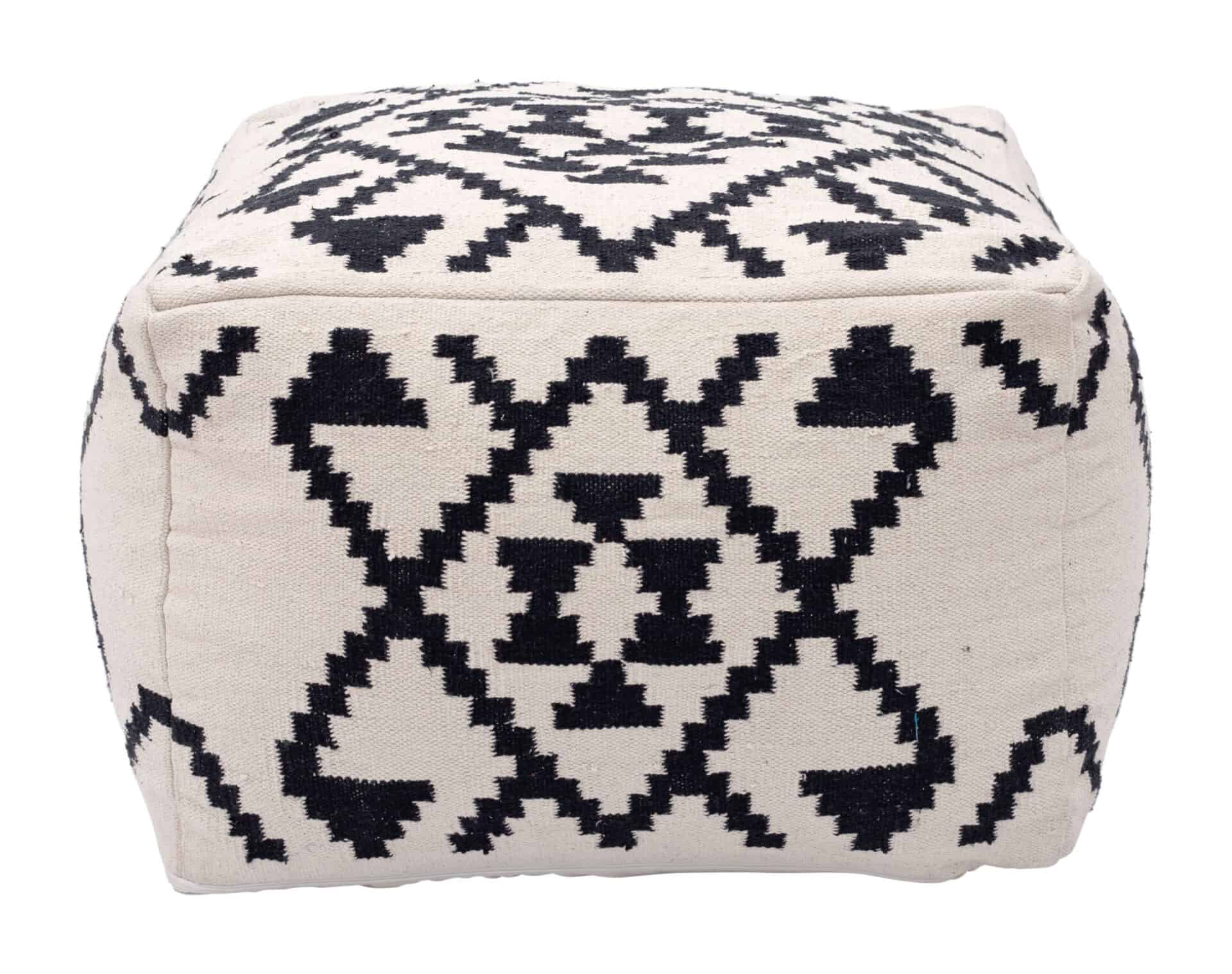Boho Woven Cotton Ottoman with Rubber Feet Beige and Black 3 Boho Woven Cotton Ottoman with Rubber Feet Beige and Black - Image 3