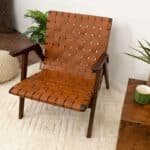 Tan Leather Mid-Century Modern Lounge Chair with Walnut Legs and Round Arms