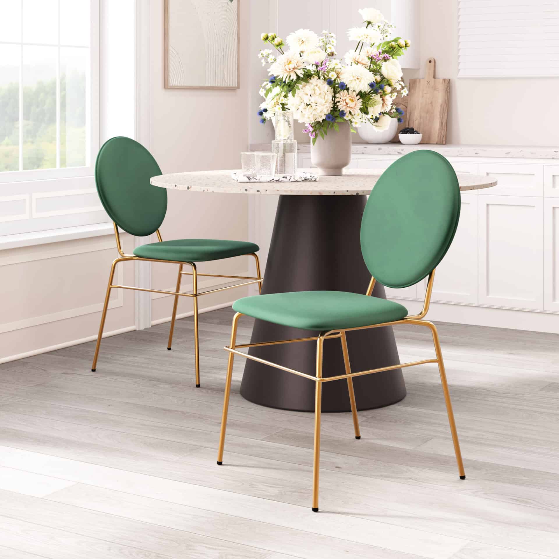 Green Velvet Counter Stool with Gold Legs and Footrest (Set of 2) 2 Green Velvet Counter Stool with Gold Legs and Footrest (Set of 2) - Image 2